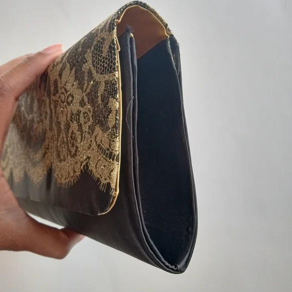 Sold**Black Gold Evening Lace Satin Formal Purse Clutch - Picture 4 of 6